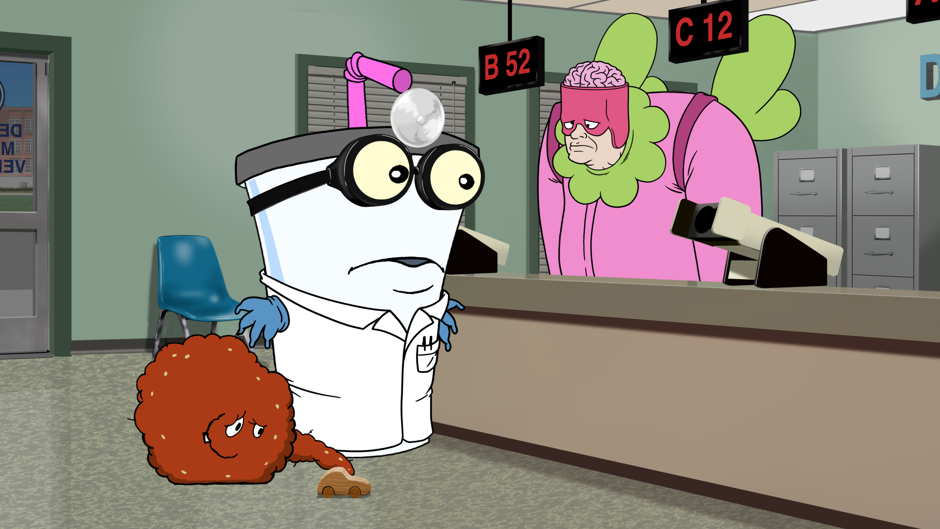 Master Shake (Dana Snyder) attempts to get his driver's license at the DMV in a scene from the final season of Aqua Teen Hunger Force Forever premiering Sunday, June 21st at Midnight (ET, PT) on Adult Swim.