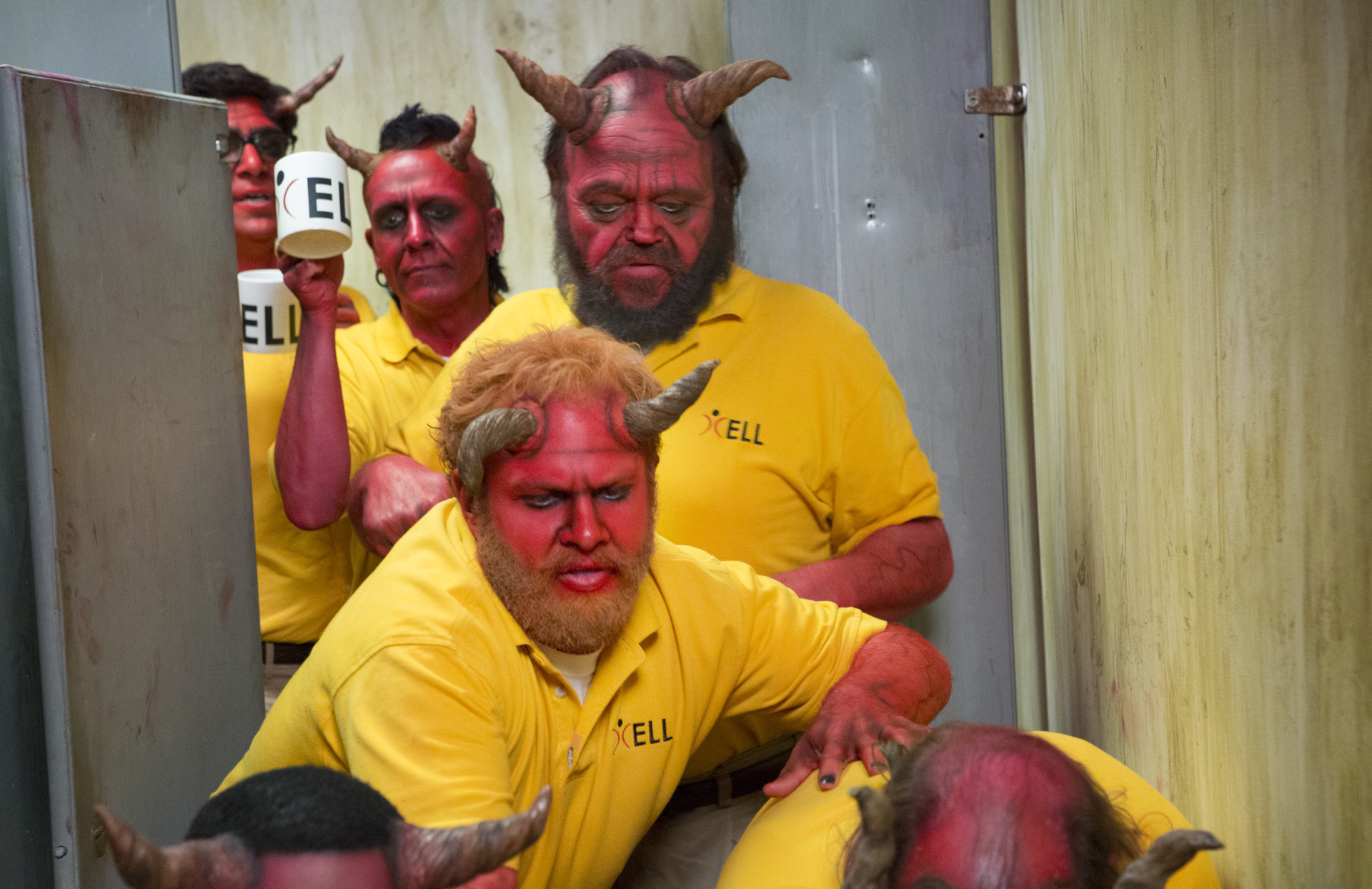 Center: Gary (Henry Zebrowski) and the other demons pile into the restroom to try Eddie's newest inebriating concoction in season two of Your Pretty Face Is Going To Hell premiering on Sunday, July 12th at 12:15 a.m. (ET/PT) on Adult Swim